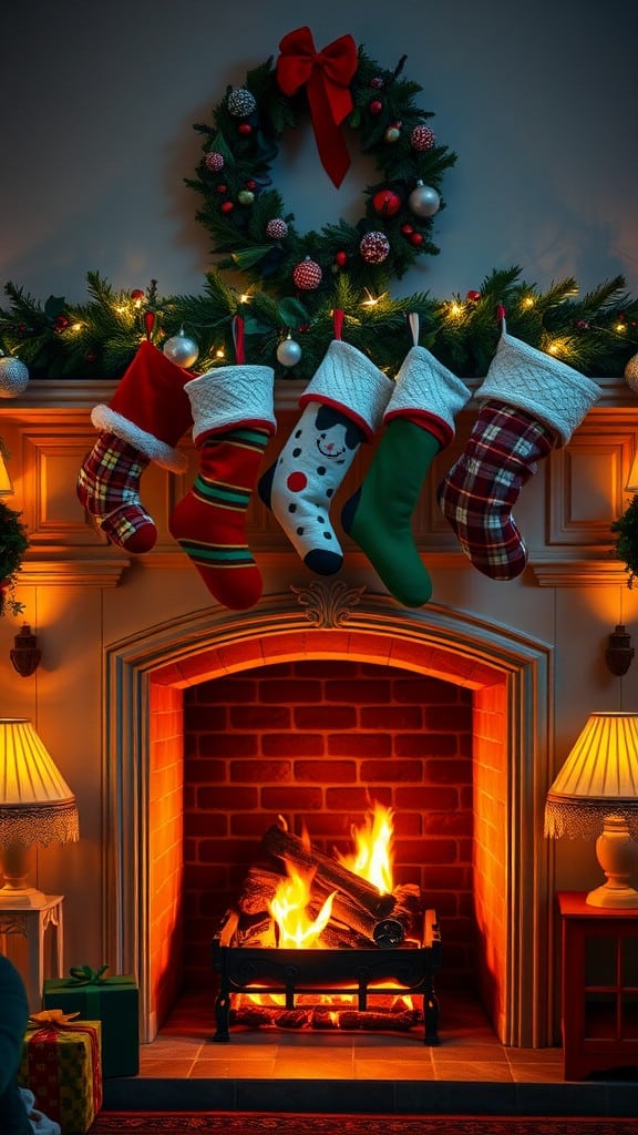 A cozy fireplace adorned with festive stockings and a wreath, perfect for the holiday season.