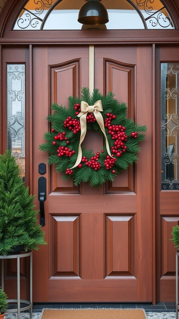 A festive wreath with red berries and a golden bow on a wooden front door.