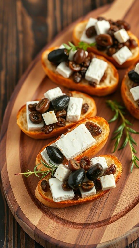 Crostini topped with feta cheese and olive tapenade on a wooden platter