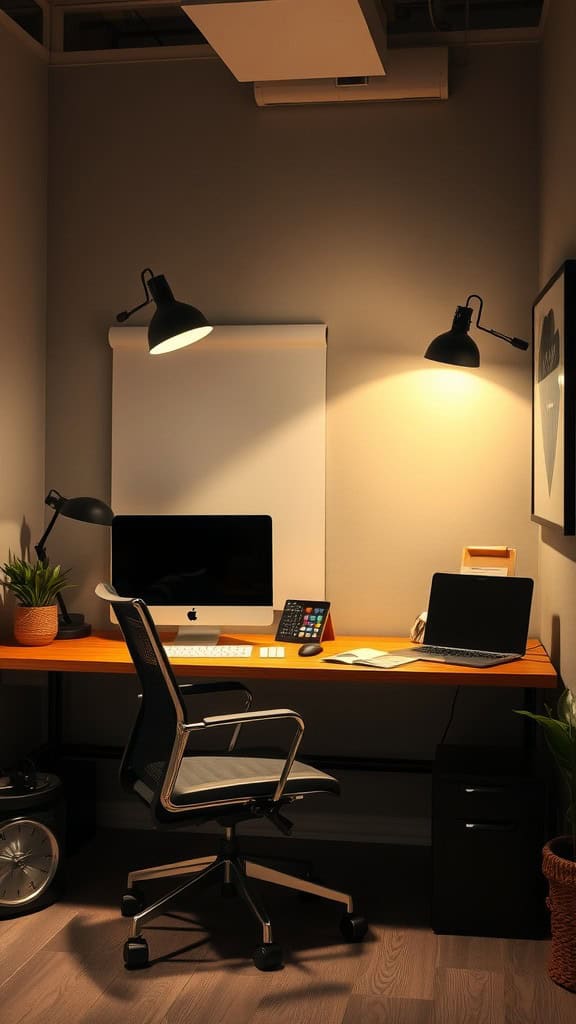 Cozy small home office with modern lighting setup.