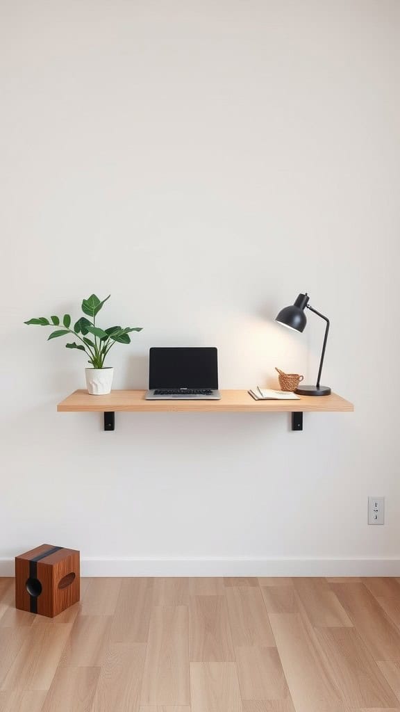 A minimalistic floating desk setup with a laptop, plant, and lamp against a light wall.