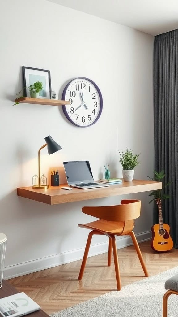 A minimalist floating desk setup with a laptop, lamp, and plants.