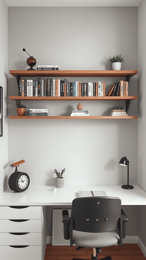 A cozy workspace featuring floating shelves filled with books and decorative plants, complemented by a white desk and a black office chair.