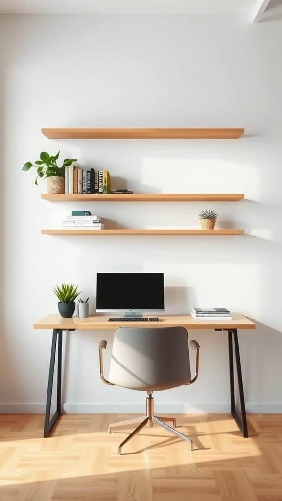 A minimalist home office featuring a desk, computer, and floating shelves with plants and books.