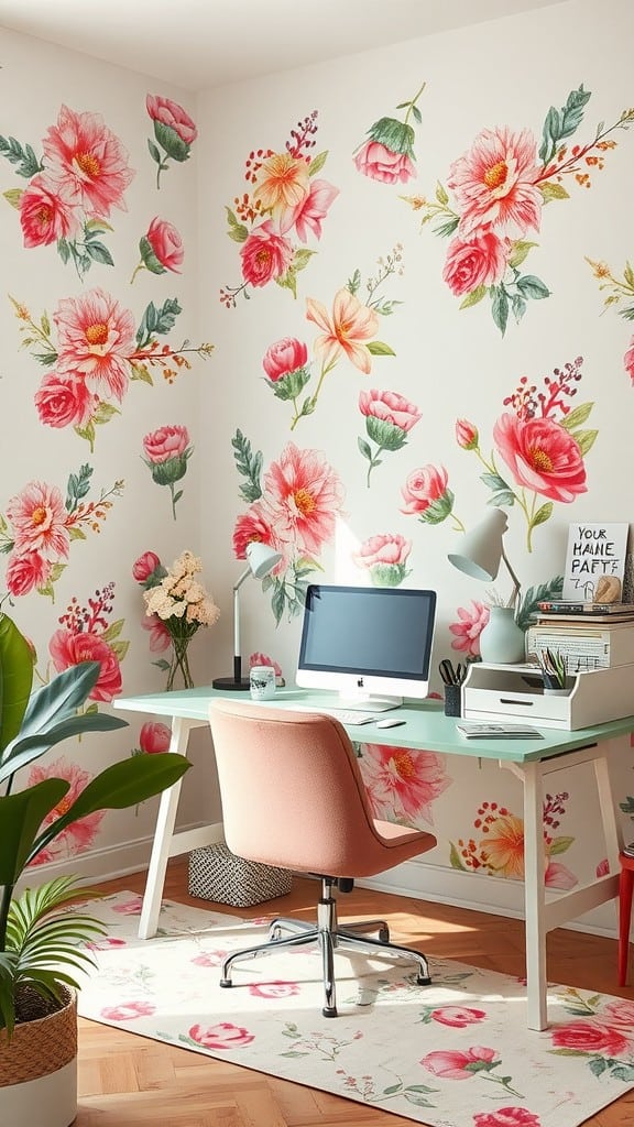 A bright and cheerful workspace with floral pastel prints on the wall, featuring a mint green desk and pink chair.