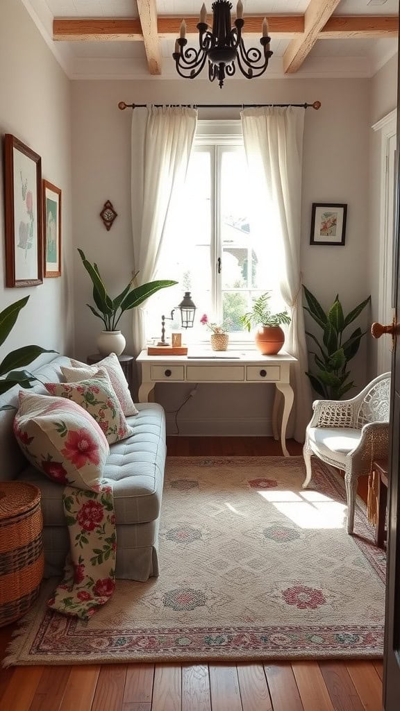 Cozy room with floral patterned cushions, a soft rug, and plants, creating a warm and inviting atmosphere.