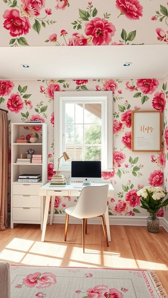 A bright feminine office with floral wallpaper, featuring a desk, computer, and cozy decor.