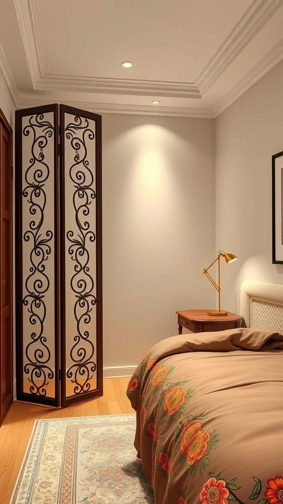 A cozy bedroom featuring a decorative folding screen next to a bed.