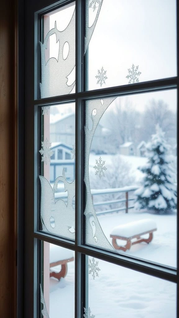 Frosted windowpanes with snowflakes, looking out at a snowy scene.