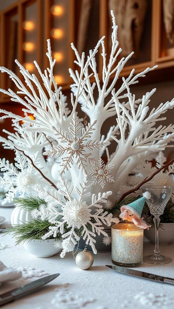 A beautifully arranged winter-themed table with white decor, snowflakes, and a glowing candle.