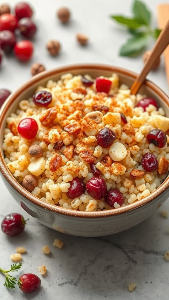 A bowl of fruit and nut couscous topped with cranberries and nuts, surrounded by fresh ingredients.