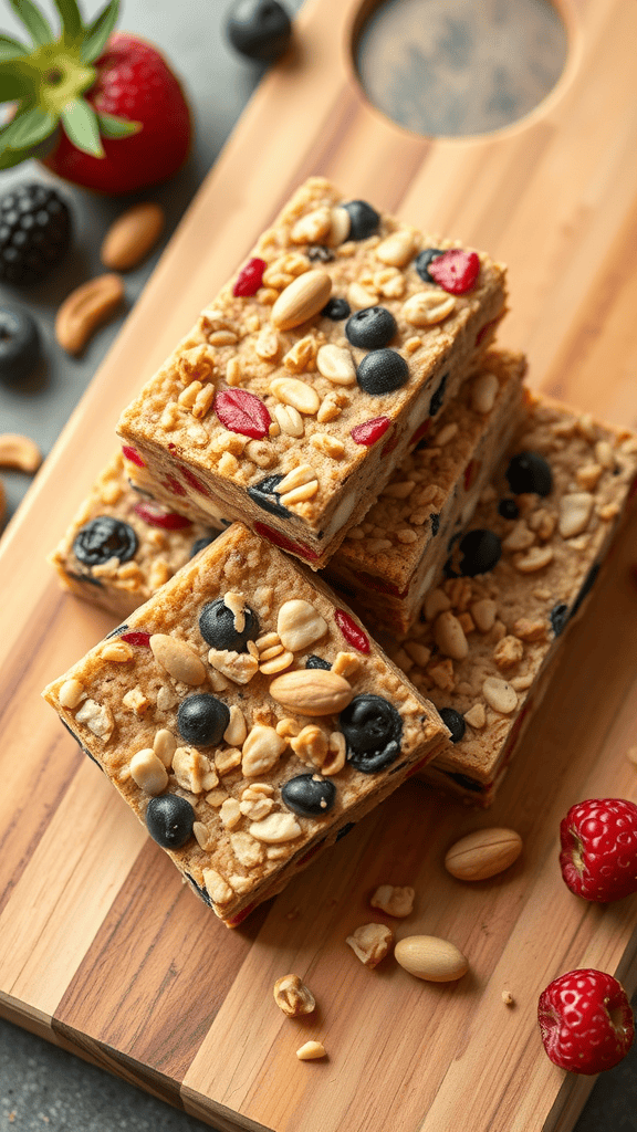 A stack of fruit and nut energy bars on a wooden board, surrounded by fresh berries and nuts