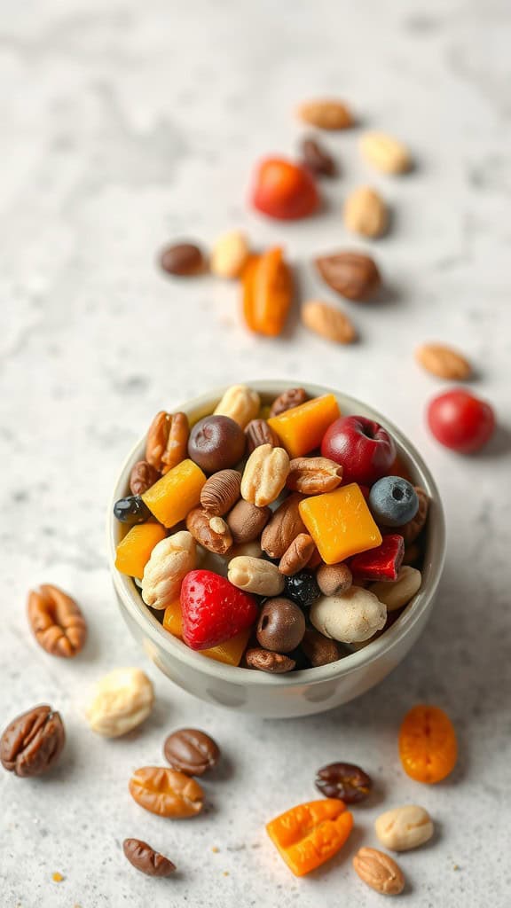 A bowl of colorful fruit and nut trail mix with various nuts and dried fruits scattered around.