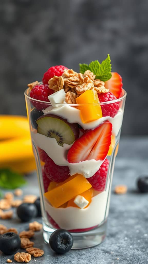 A colorful fruit and yogurt parfait with layers of yogurt, berries, and granola in a clear glass.