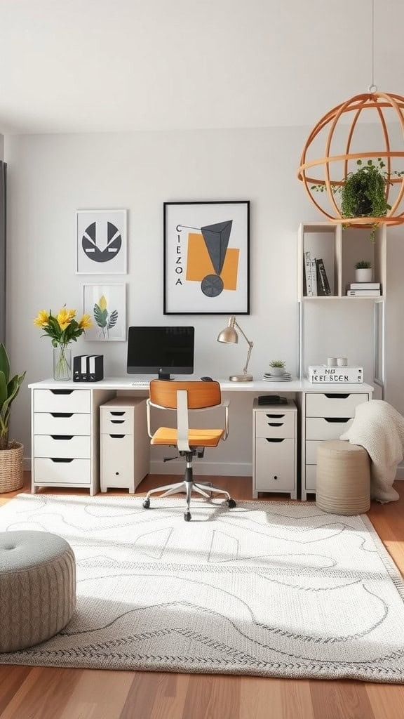 A stylish home office featuring dual white desks with storage, a modern computer, an orange chair, and decorative elements like plants and artwork.