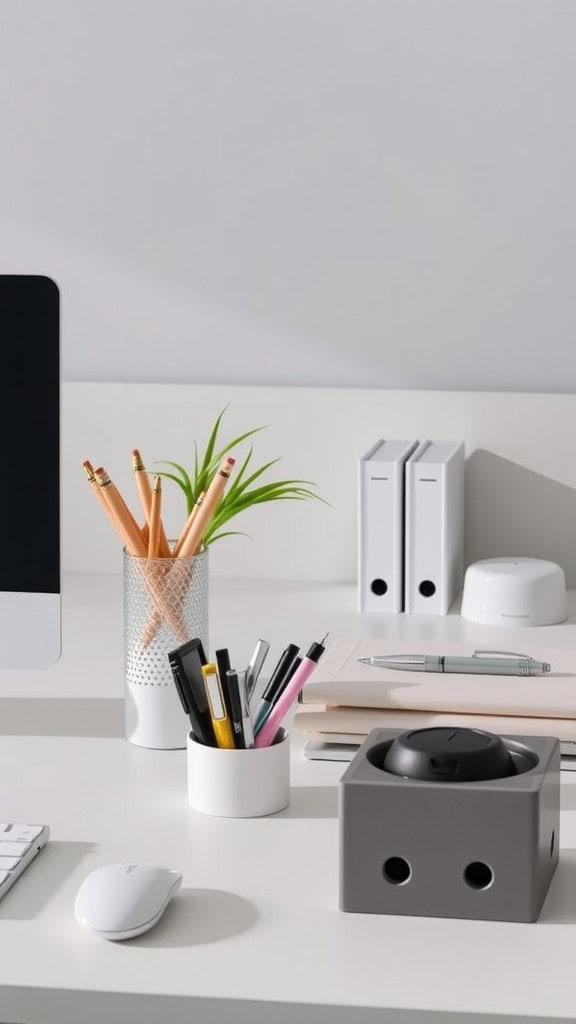 A modern desk setup featuring a computer, pen holders, and neatly stacked books.