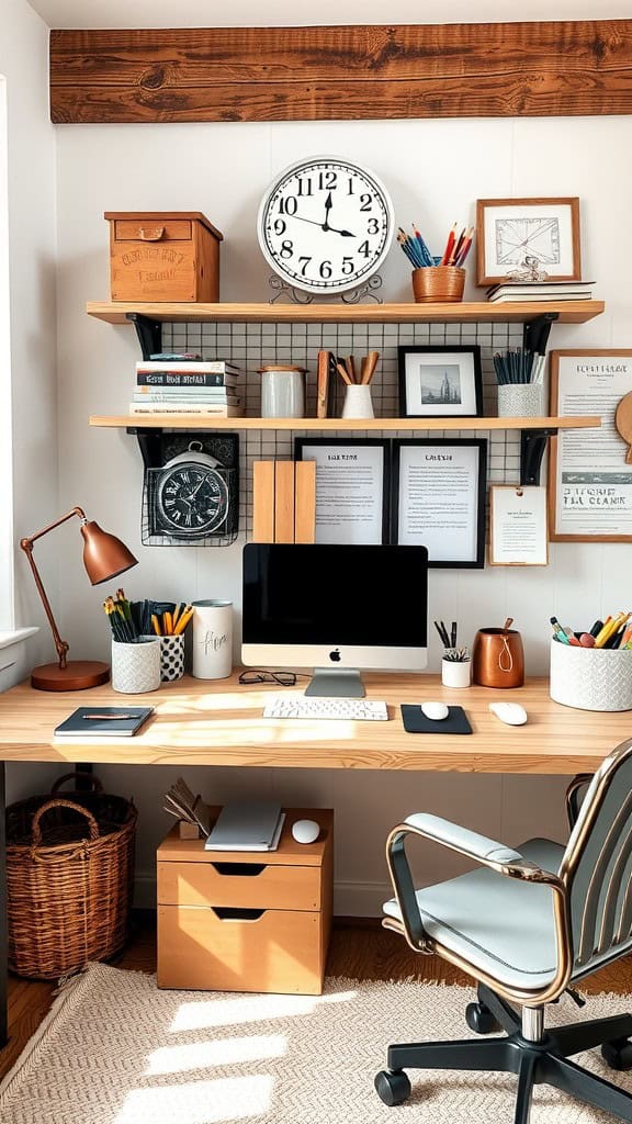 A cozy and organized home office with functional desk accessories.