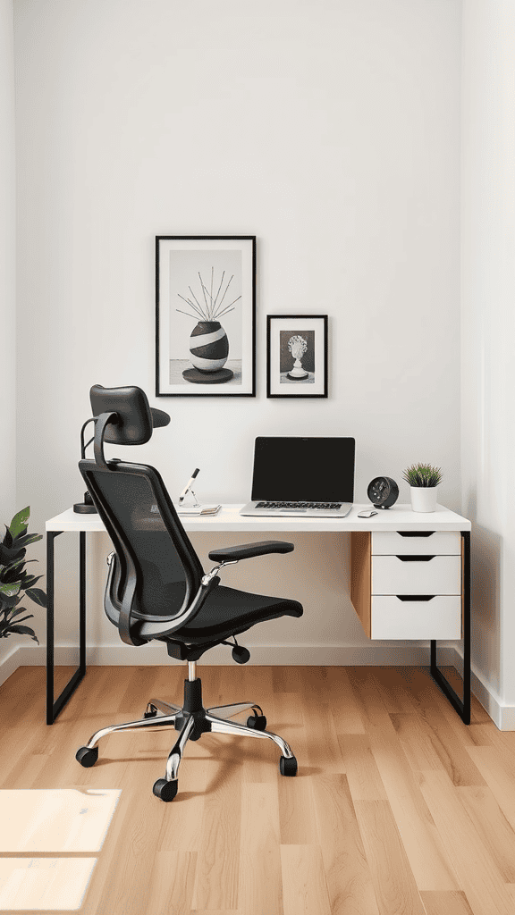 A modern workspace featuring a sleek desk, ergonomic chair, and minimalist decor.