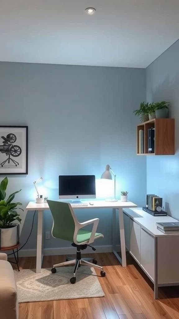 A stylish luxury home office setup featuring a desk, computer, and plants under functional lighting.