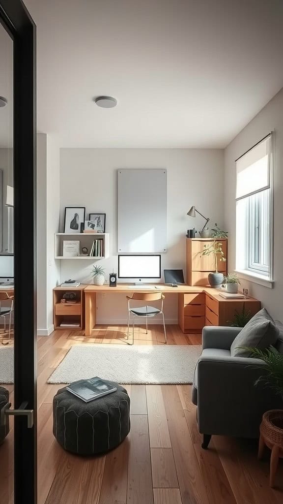 A modern home office with a clean and minimal design featuring a desk, computer, and comfortable seating.