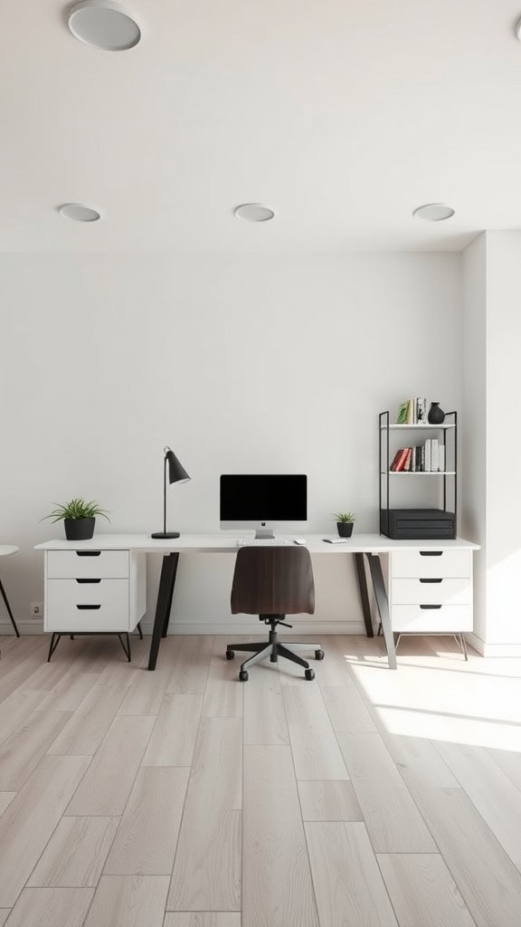 Modern home office with a desk in the middle of the room, featuring minimalistic design and natural lighting.