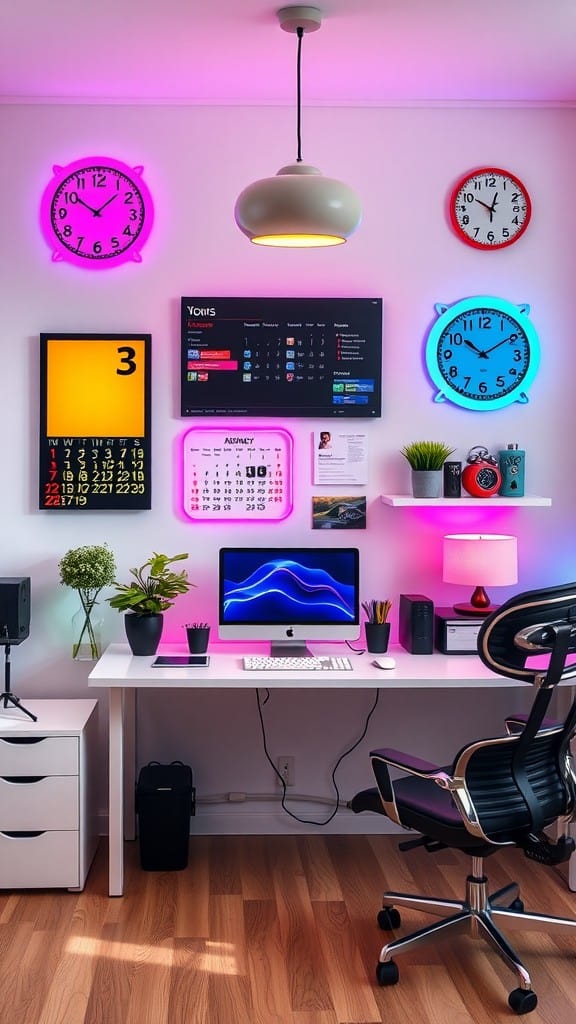 A stylish workspace featuring neon decor including wall clocks and colorful lighting.