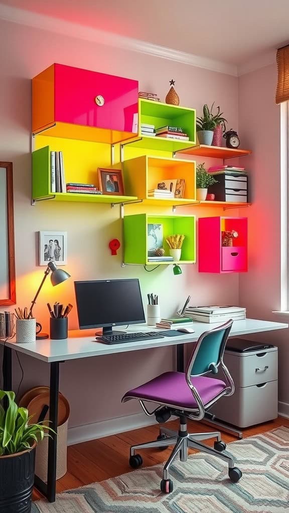 Colorful wall storage solutions in a modern workspace