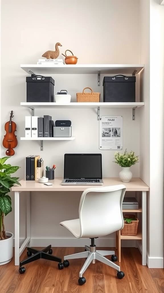 A stylish white home office with practical shelving, featuring a laptop, storage boxes, and decorative items.