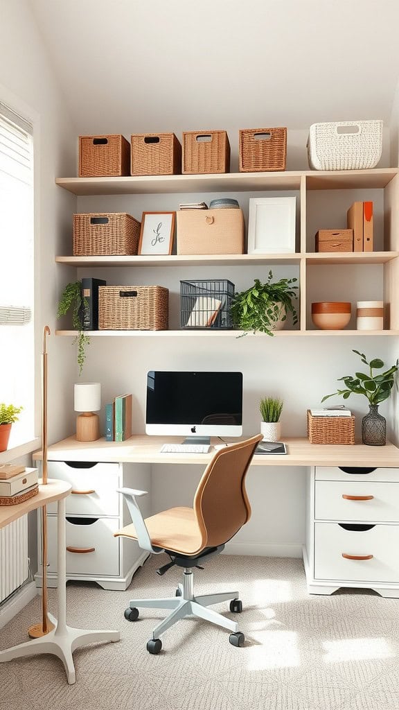 A bright workspace featuring organized shelves with baskets, a desk with a computer, and decorative plants.