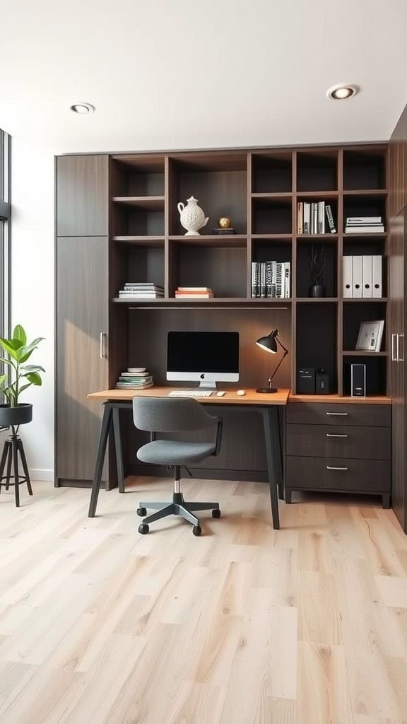 A modern home office with a desk in the middle, featuring functional storage solutions like shelves and cabinets.