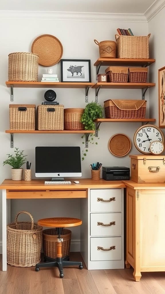 A cozy home office with functional storage solutions featuring woven baskets and wooden shelves.