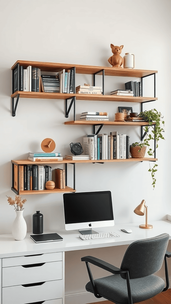 A stylish workspace featuring functional wall shelves with books, plants, and decorative items.