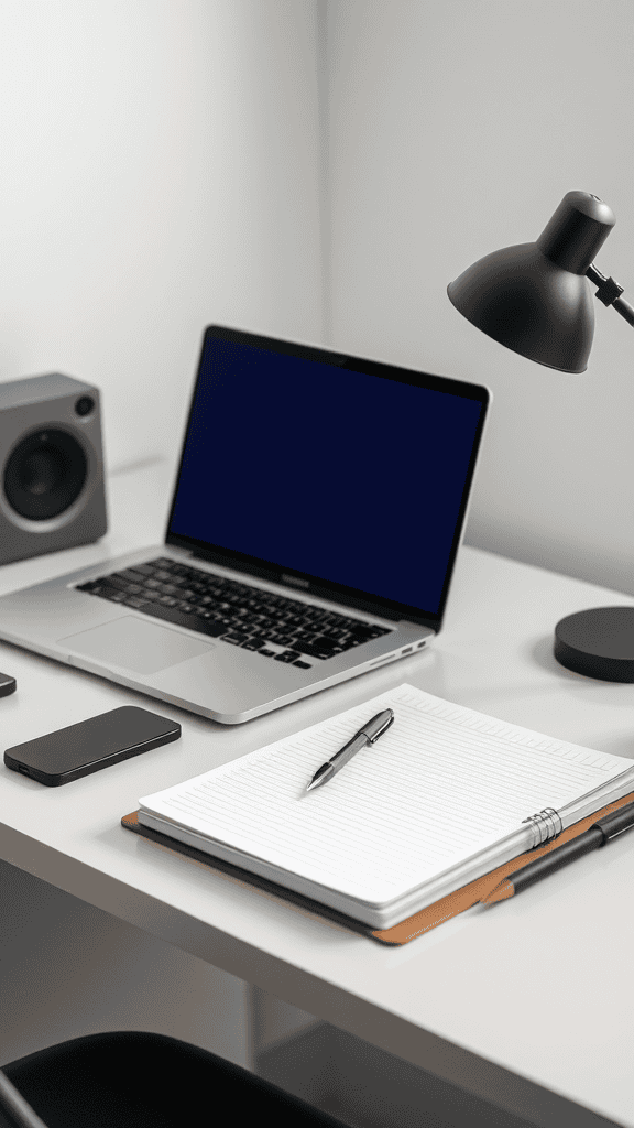 A workspace featuring a laptop, notebook, pen, smartphone, and lamp.