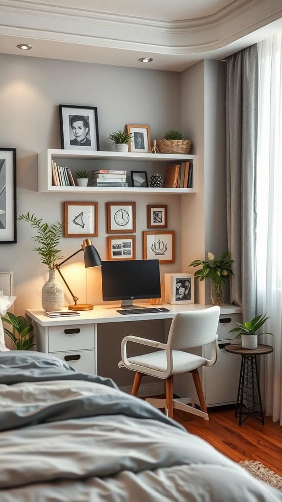 A cozy bedroom workspace with a desk, computer, and decorative shelves.