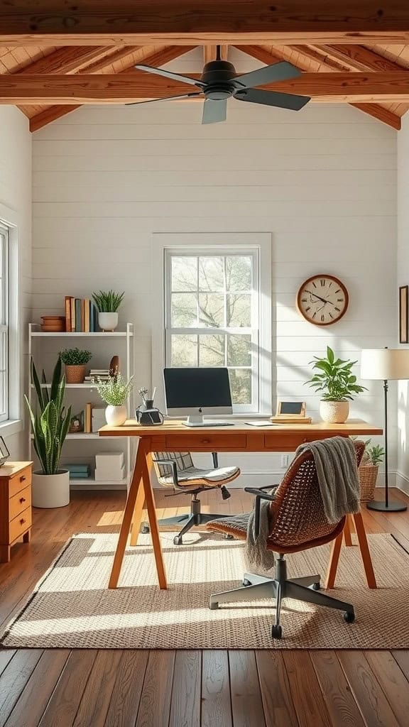 A cozy home office with a wooden desk, ergonomic chair, and plants, featuring farmhouse style decor.