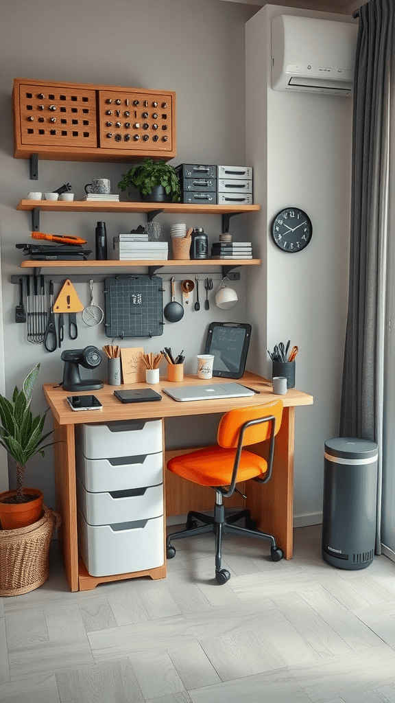 A functional workstation featuring a wooden desk, organized shelves with various items, a plant, and an orange chair.