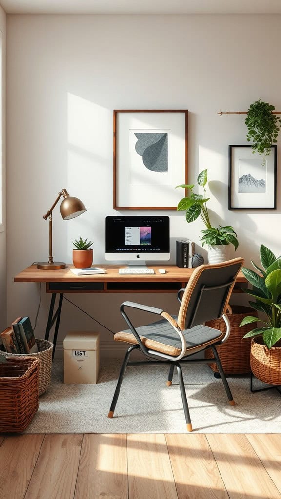 Stylish and functional luxury home office with plants, artwork, and a wooden desk.