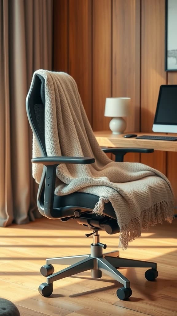 A stylish office chair with a cozy blanket draped over it, set in a warm, inviting workspace.