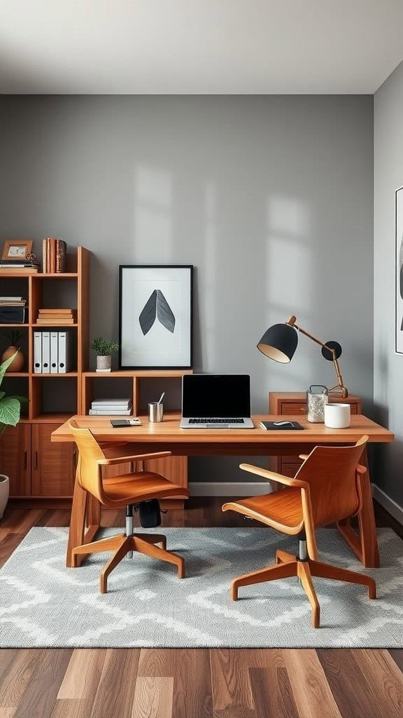 A modern workspace with grey walls, featuring wooden furniture, a laptop, and decorative elements.