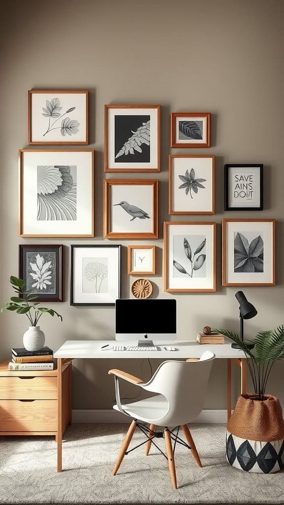 Gallery wall with various framed art pieces in an office setting.