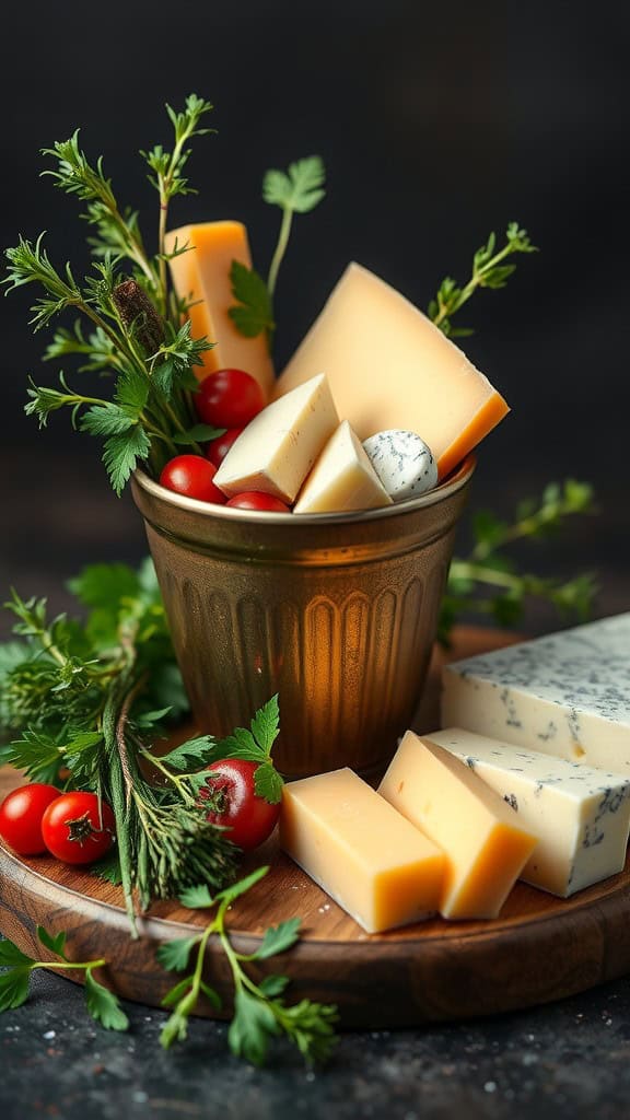 A selection of cheeses and fresh herbs in a cup, including cherry tomatoes.