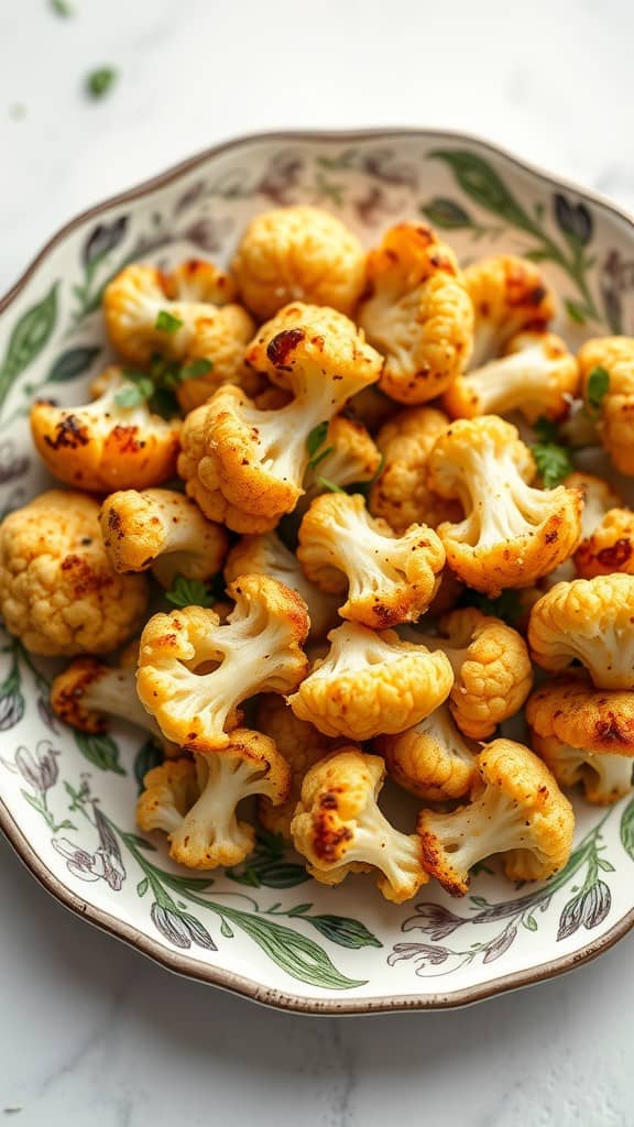 Bowl of roasted cauliflower florets garnished with green herbs