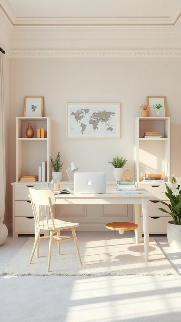 Home office featuring a desk in the middle of the room with pastel tones