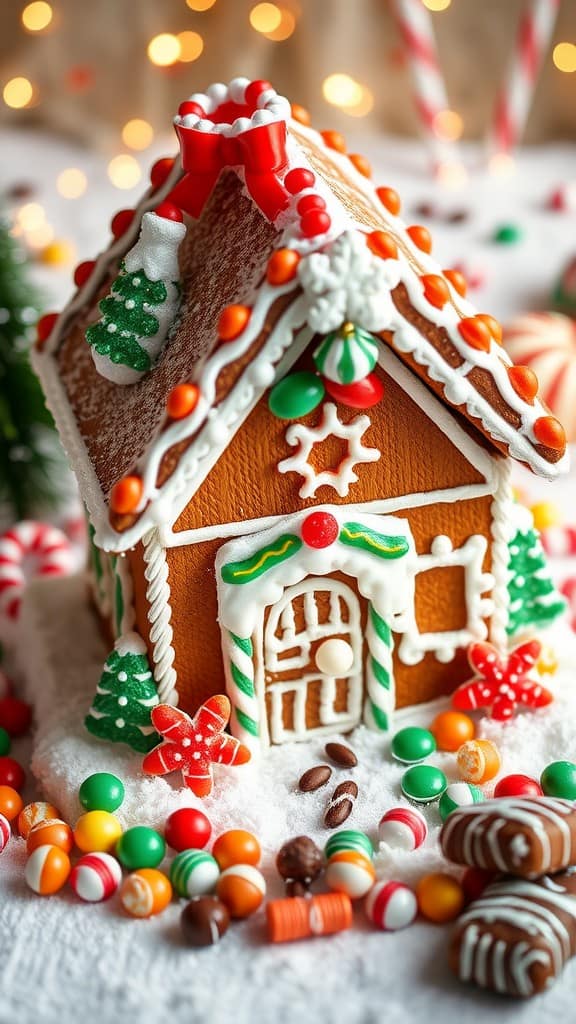 A beautifully decorated gingerbread house surrounded by various candies and festive decorations.