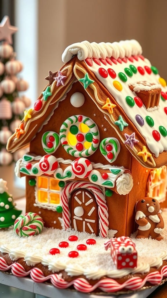 A beautifully decorated gingerbread house with colorful candies and icing, surrounded by festive decorations.