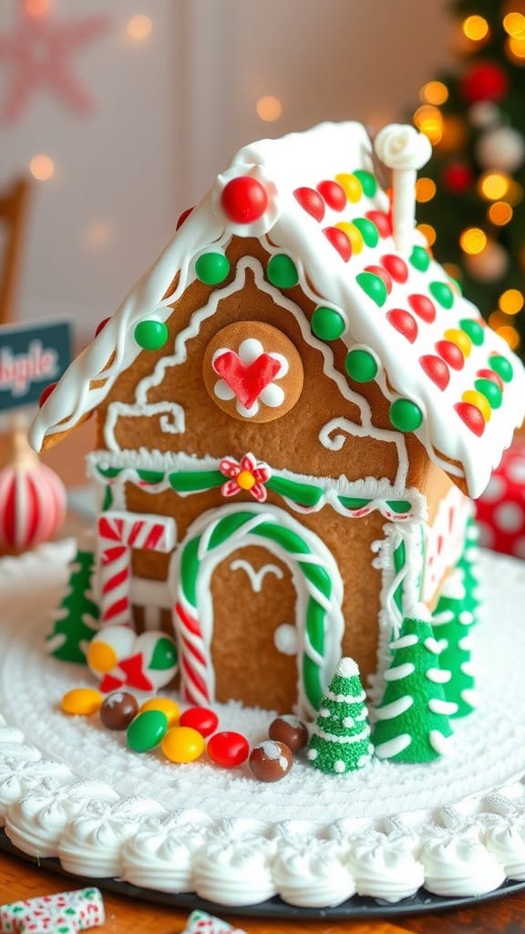 A decorated gingerbread house with colorful candies and icing, set on a festive table.