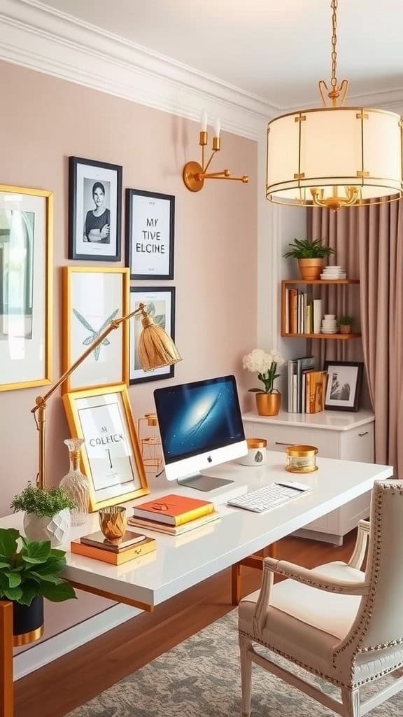 Bright feminine office with gold accents and modern decor