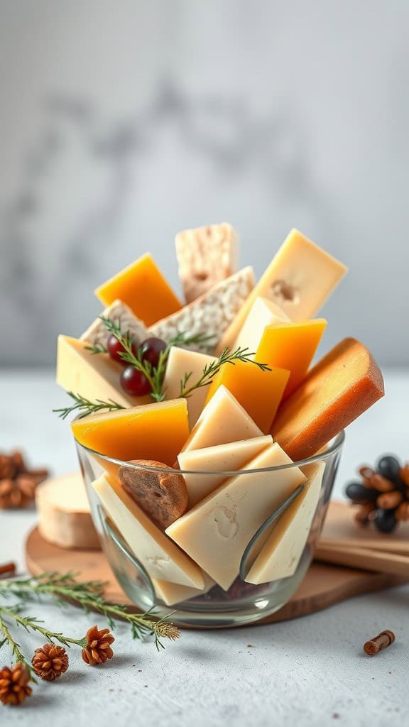 A selection of gourmet cheeses arranged in a glass bowl, surrounded by herbs and decorative elements.