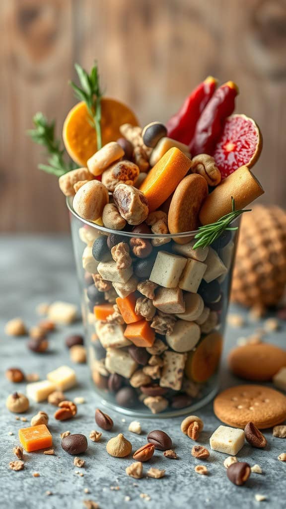 A glass cup filled with a colorful assortment of trail mix, including nuts, dried fruits, and snacks.