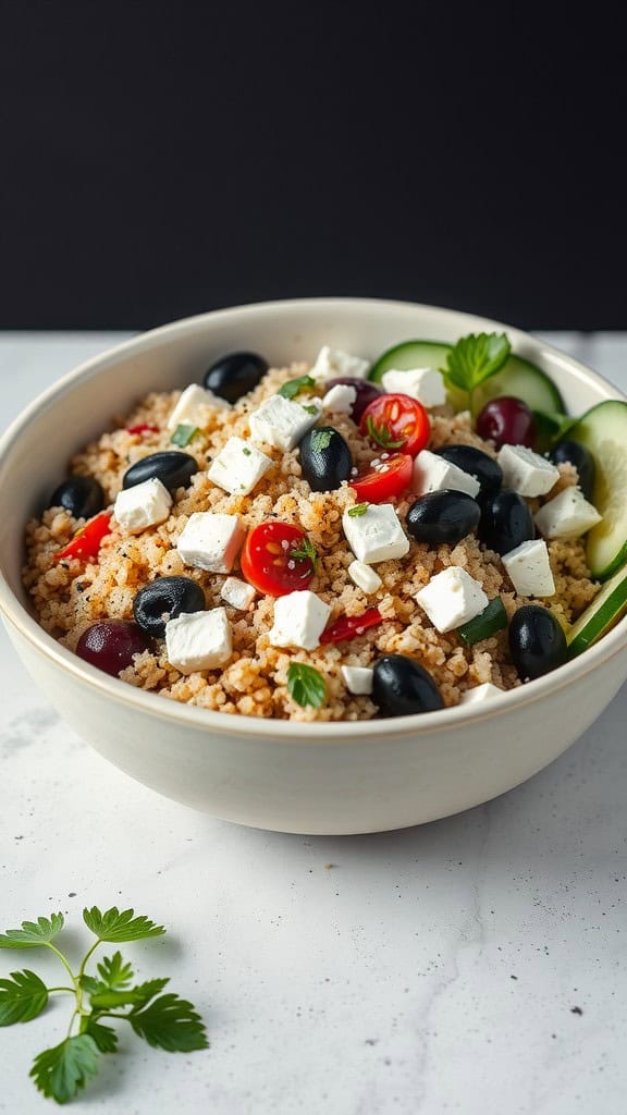 A bowl of Greek Quinoa Salad with cherry tomatoes, cucumbers, olives, and feta cheese.